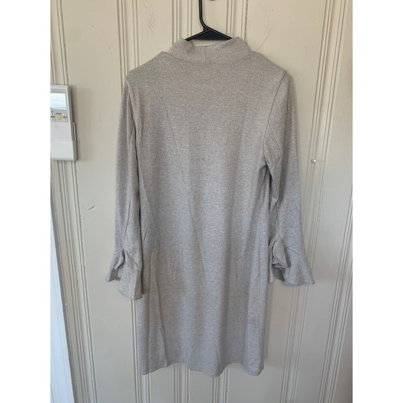 Metallic Silver Mock Neck Shift Dress Long Sleeve Ruffle Cuff Sparkle Knit - Picture 4 of 4